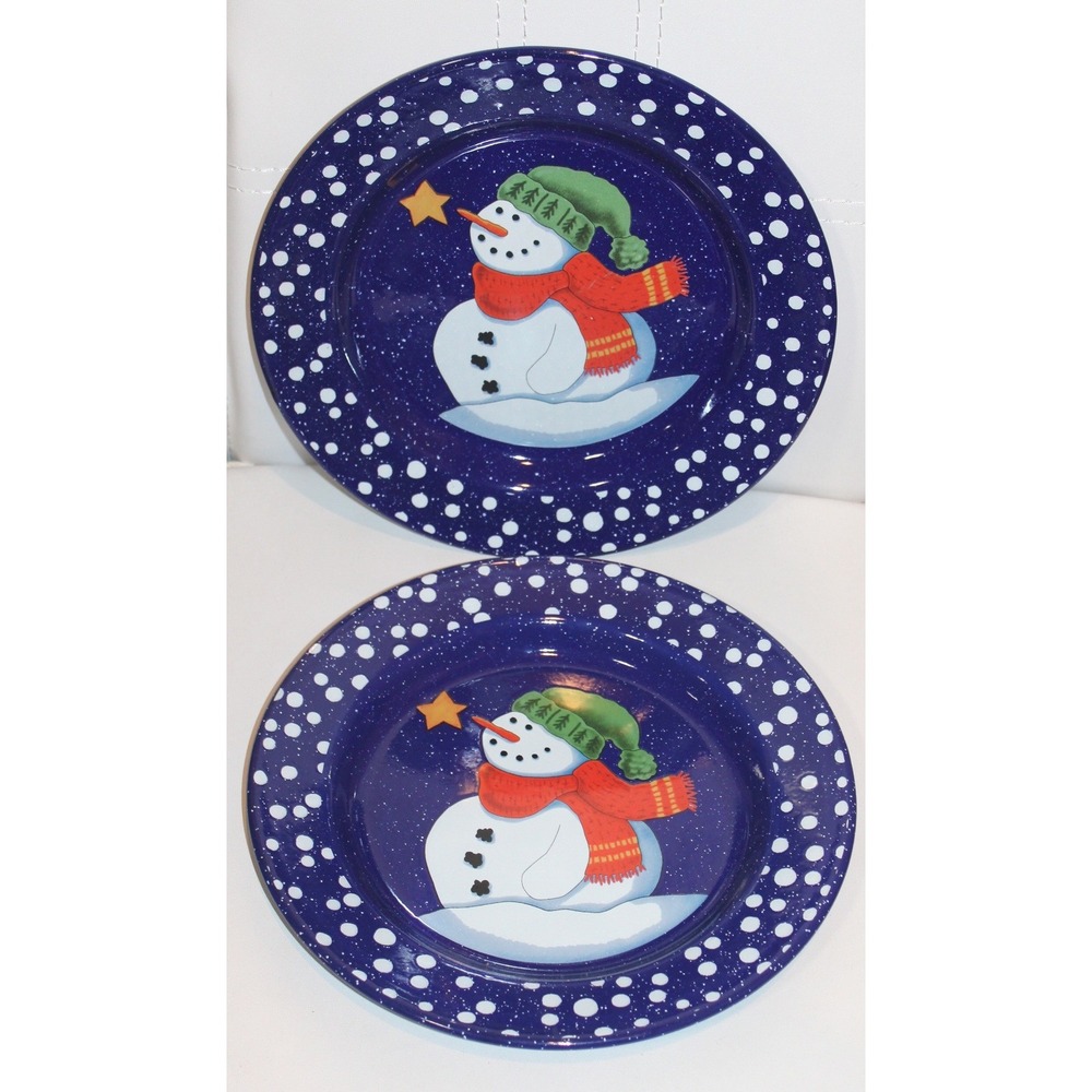 set of 2 Gooseberry Patch enamel plates 10" snowman blue Christmas winter 2000